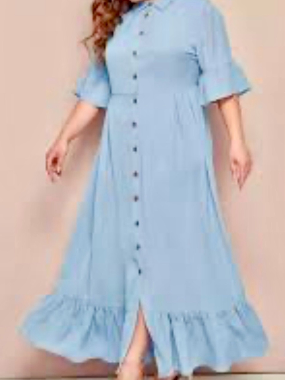 SHEIN Light Blue Button-Front Maxi Dress with Ruffle Hem